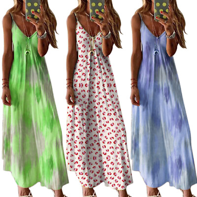 Women#x27;s V neck Strappy Boho Maxi Sundress Ladies Summer Beach Holiday Long Dress $17.59