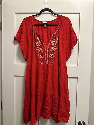 #ad Knox Rose Boho Short Sleeve V Neck Tiered Floral Embroidered Red Dress Size 2X $19.95