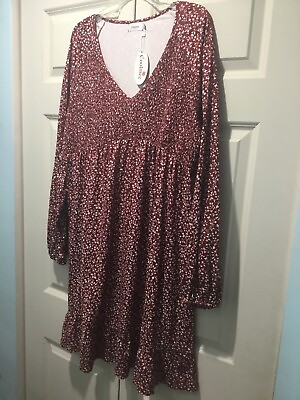 Coolmee Long Sleeve Boho Dress Cinch Waist V neck Red White Floral Size XL NWT $12.00
