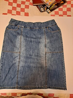 #ad CJ Banks Womens Blue Denim Skirt 16W Long Pockets Modest 25 in Stretch Back Slit $15.99