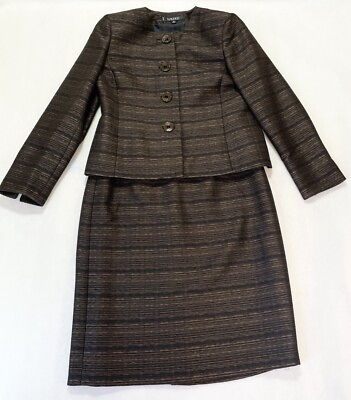 #ad Kasper Brown Black Heather Two Piece Rayon Blend Jacket Skirt Suit Set Sz 8P $28.00