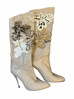#ad VTG Leather knee High Creazioni Italy Appliqué Women Cutout Boho Boots 39.5 $264.00