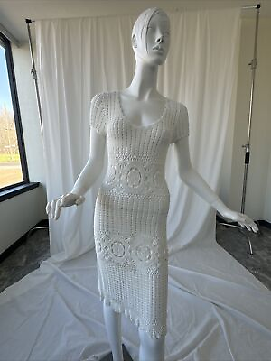 #ad Vintage Small White Handmade Crochet Knitted Boho Dress Beach Cover Up $85.00