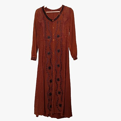 #ad Large Hippie Dress Long Sleeve Brown Embroidered Flower Button Maxi Vintage 90s $29.99