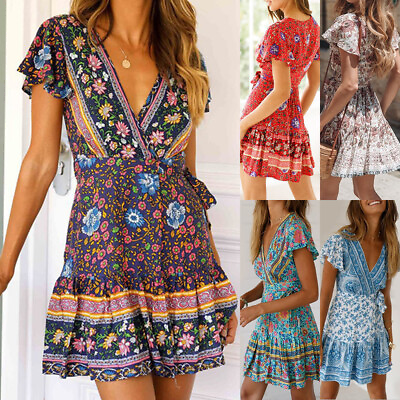 #ad Women Boho Floral Mini Wrap Dress Ruffle Sleeve Ladies Beach Holiday Sundress $17.56