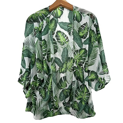 #ad Sheer Swimsuit Cover Open Cardigan Womens Sz M Tropical Beach Kimono Green White $9.99