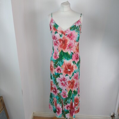 #ad Mamp;S Per Una UK 12 Floral Strappy Summer Midi Sun Dress 100 % Linen Ruffle Pink GBP 16.99