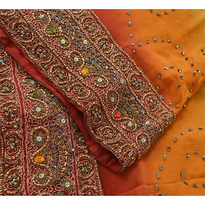 #ad Sanskriti Vintage Green Long Skirt Pure Crepe Silk Hand Beaded Stitched Lehenga $74.46