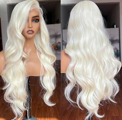 #ad Long White Platinum Blonde Human Hair Blend Lace Front Wig Curls 13x4 Heat Safe $97.49
