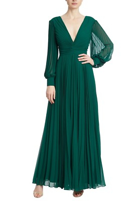 #ad Badgley Mischka Soft Long Deep V Neck Gown Pleated Evening Maxi Dress Size 6 $399.00