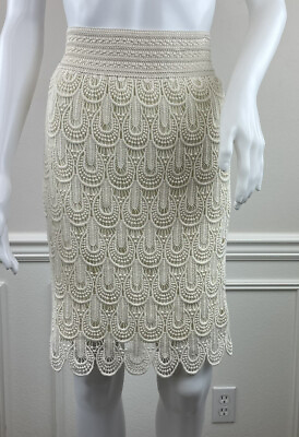 #ad Jolt Ivory Lace Pencil Skirt Stretch Waist Knee Length Cotton Lace Size XS $17.99