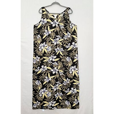 #ad Jones New York Maxi Dress 16 Black White Gold Floral Linen Sleeveless Pullover $32.00