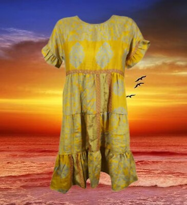 #ad Floral Print short Dress Boho Dresses for Women Boho Hippy Gypsy Yellow M $18.70