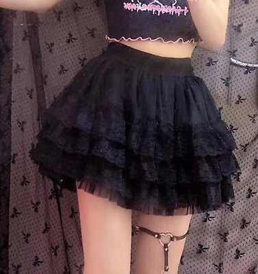 #ad y2k skirt Elastic Gothic Lace Tutu Skirt Women Mesh Petticoat Sexy Mini Tulle $26.00