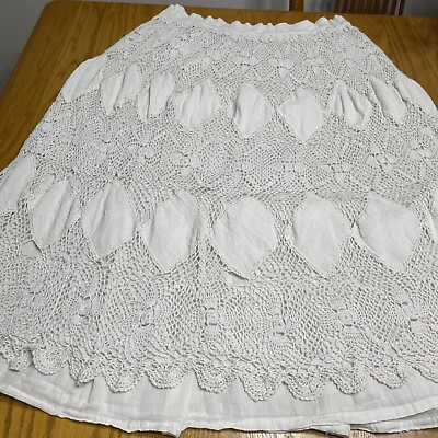 #ad Marisol Ecru Cotton Crochet Skirt BOHO Full Lined Size M Elastic Waist 34 38 $38.00