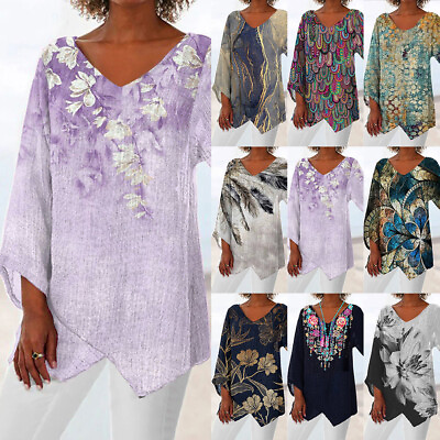 Plus Size Women Cotton Linen Boho Floral Tunic Shirt Casual Baggy Blouse Tops US $19.19