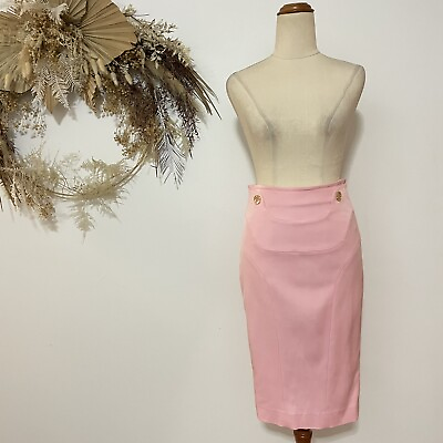 Versace Womans Pink Pencil Skirt Logo Buttons High Waist Designer Barbiecore 6 8 AU $189.90