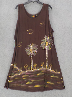 #ad RAYASUN SLEEVELESS TANK DRESS 2X BROWN LINEN LIKE PAINTED PALM TREES BACKTIE NWD $17.99