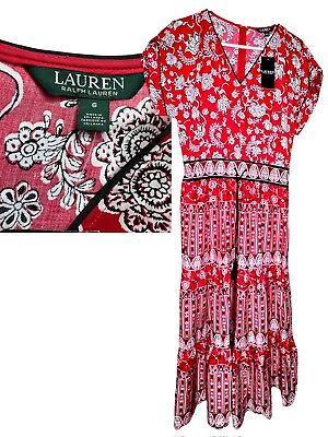 #ad NWT Sz 6 Red Floral Maxi Dress Ralph Lauren BOHO Western Bandana Short Slve Zip $39.50