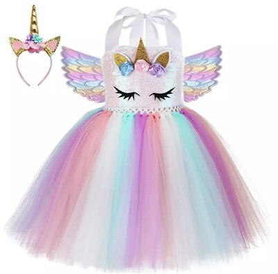 #ad Girl Unicorn Costume Tutu Dress Party Kids 2T 24 Month Wings Princess Birthday $21.99