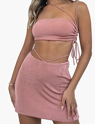 #ad #ad Women#x27;s Two Piece Outfit Drawstring Crop Top and Skirt Set Bodycon Mini Skirts L $17.76