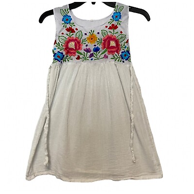 VINTAGE White Girls Gypsy Dress Cotton Multicolored embroidered flower 7 8 $22.00