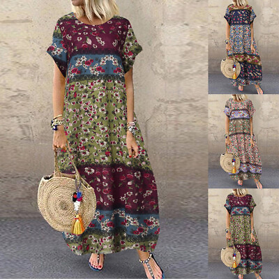 Plus Size Women Floral Boho Maxi Dress Summer Short Sleeve Holiday Sundress 8 20 $7.69