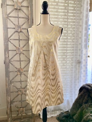 #ad Ivory and Gold Metallic Swirl Pattern Cocktail Dress with Pockets Size Small $40.00