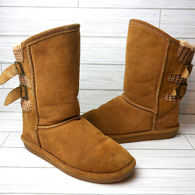 Bearpaw BOSHIE Youth Size 4 Tan Suede Wool Blend Sherpa Lined Mid Calf Boots $17.08
