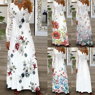 #ad Womens Lace Long Sleeve Boho Floral Dress V Neck Holiday Beach Party Dresses $32.65