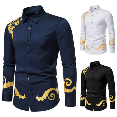 #ad Vintage Bronzing Long Sleeve Prom Top Men‘s Printed Casual Party Dress Shirts $33.99