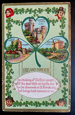 #ad Vintage Victorian Postcard 1911 Forever Ireland 3 Leaf Clover with Castles $8.00