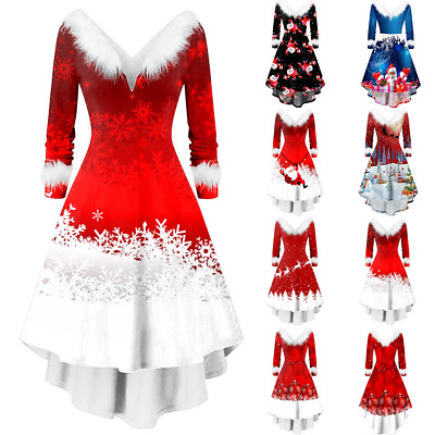 #ad #ad Christmas Womens Solid Long Sleeve Winter Warm Dress Ladies Party Ruffled Gowns $26.69