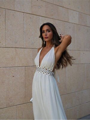Hollowed Out Lace Up Halter Dress Women V Neck Sleeveless Backless Long Dresses $40.95