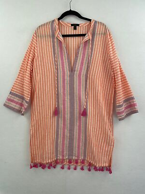 #ad J. Crew Tunic Top Linen Orange Striped Tassel Boho Medium 3 4 Sleeve NWOT A46 09 $25.80