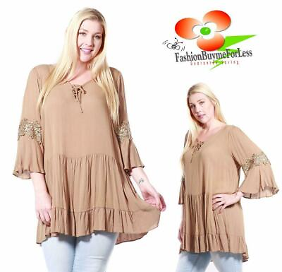 PLUS Boho Hippie Lace Bell Sleeve Gypsy Frilled Peasant Tunic Shirt Top 1X 2X 3X $34.81