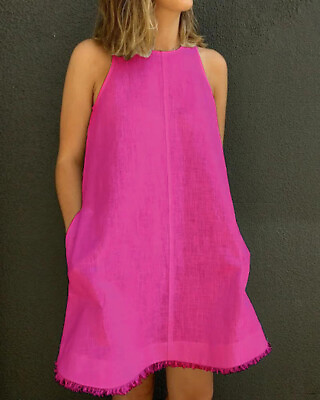 #ad Womens Casual Cotton Linen Round Neck Summer Dress Loose Sundress Sleeveless $18.98