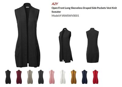Open Front Long Sleeveless Draped Side Pockets Vest Knit Sweater $28.90