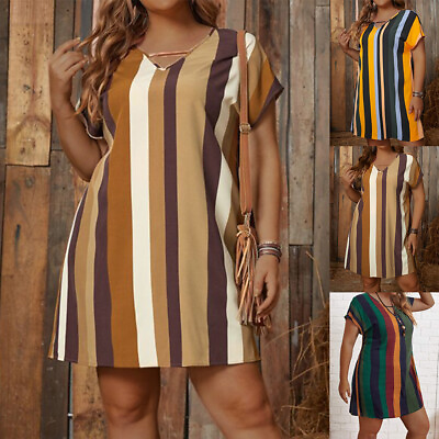 #ad #ad Plus Size Womens V Neck Striped Mini Dress Summer Ladies Casual Sundress 22 30 $19.43