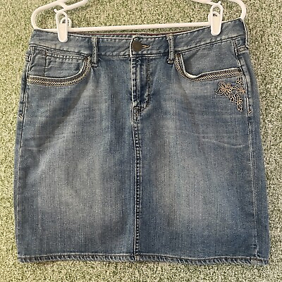 #ad #ad Eddie Bauer Denim Skirts Women 8 Straight Short Jean 5 Pocket Embroidered Causal $11.24