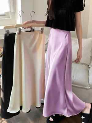 #ad Elegant Women#x27;s Skirts High Waist Silk Satin A line Skirt Long Skirts for Women $28.11