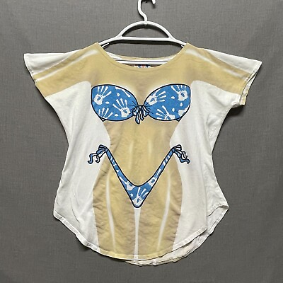 #ad Vintage 90s My Bikini Cover Up Shirt White LA Imprints One Size Blue Handprints $19.88