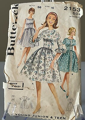 VINTAGE 1950#x27;s BUTTERICK #2153 YOUNG JUNIOR amp; TEEN DRESS SIZE 16 BUST 36 $0.99