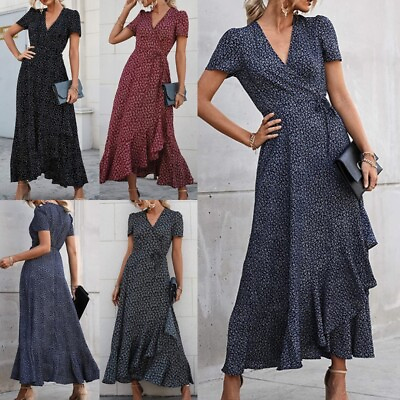 Women Long Dress Short Sleeve Maxi Dresses Ladies Party Casual V Neck $29.68