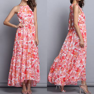 #ad Long Sexy Halter Maxi Dress Summer Beach Sundress Floral Casual Chiffon Ruffles $15.99