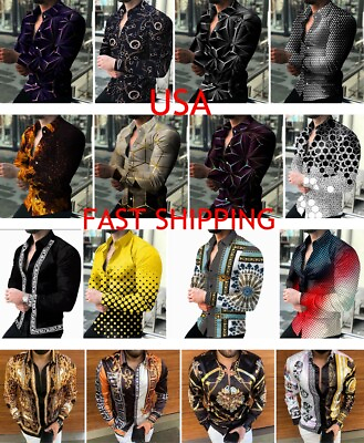 Button Down Shirts Men#x27;s Baroque Fashion Casual Long Sleeve Party Up Silky Dress $29.86