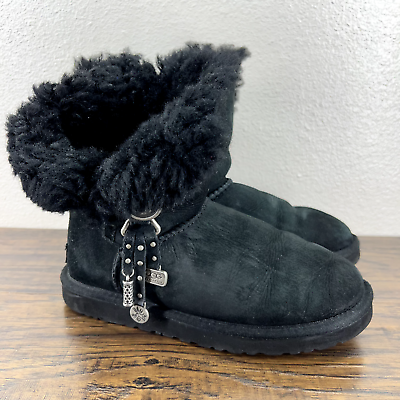 #ad UGG womens Boots Size 7 Azalea Charms Black Suede Shearling Fur Lined Button $39.88