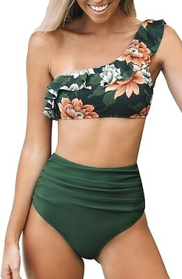 #ad CUPSHE 2 Piece One Shoulder Ruffle Bikini High Waisted Bikini Set Womens 8 10 GBP 13.50
