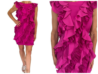 #ad Marchesa Notte Hot Pink Silk Sleeveless Ruffle Mini Sexy Cocktail Dress Size 0 $57.99