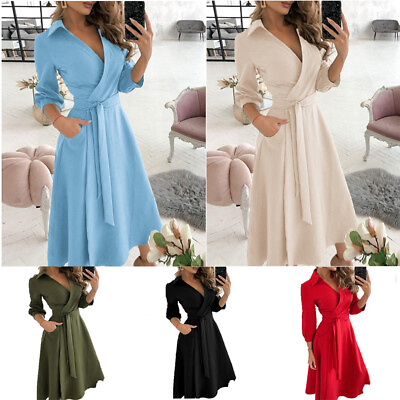 #ad Womens Long Sleeve Floral Maxi Dress Ladies Casual Lace Up Pocket Shirt Dresses GBP 3.89